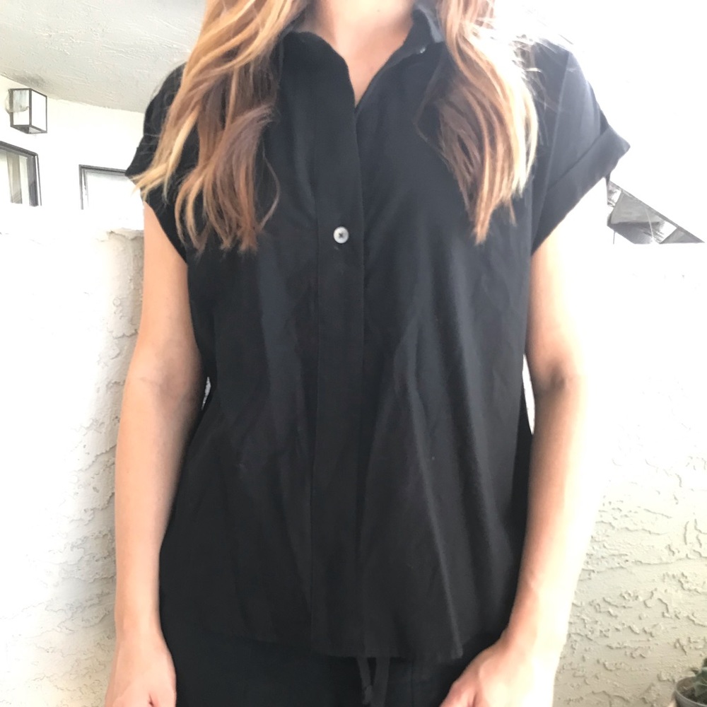 Black short sleeve button up top